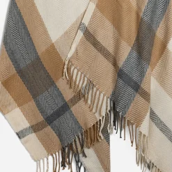 Poncho camel, écru, gris à motif carreaux