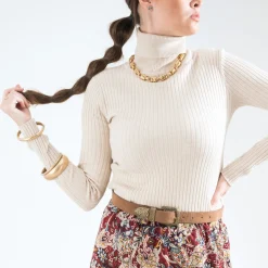 Pull TEXTO beige clair côtelé à col roulé