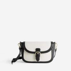 Sac à main bi-matière noir et textile beige