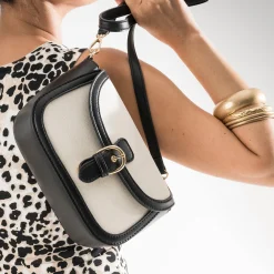 Sac à main bi-matière noir et textile beige