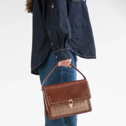 Sac à main cognac motif pied-de-poule