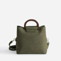 Sac à main kaki trois compartiments anse effet bois