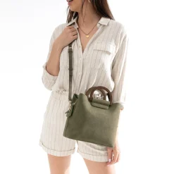 Sac à main kaki trois compartiments anse effet bois