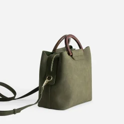 Sac à main kaki trois compartiments anse effet bois