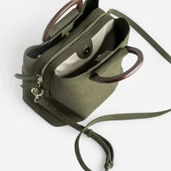 Sac à main kaki trois compartiments anse effet bois