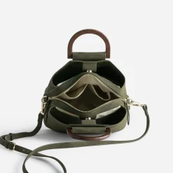 Sac à main kaki trois compartiments anse effet bois
