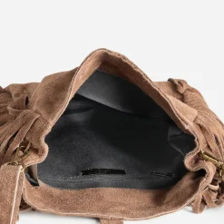 Sac à main TEXTO taupe cuir velours à franges