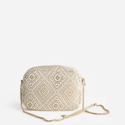 Sac bandoulière beige brodé doré