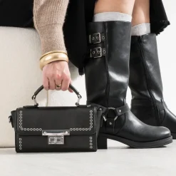 Sac bandoulière noir métalleries argentées