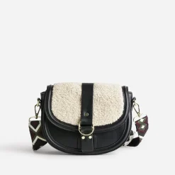 Sac besace TEXTO noir avec rabat tissu Sherpa