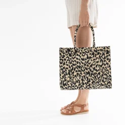 Sac cabas TEXTO beige à motif léopard