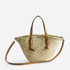 Sac panier beige en paille anses camel