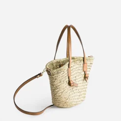 Sac panier beige en paille anses camel