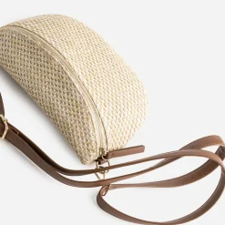 Sac-banane beige tressé et marron