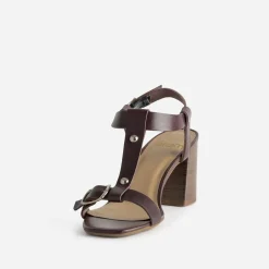 Sandale à talon bordeaux cuir bride en T