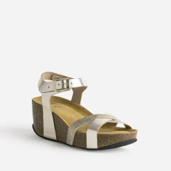 Sandale anatomique compensée dorée en cuir éco-conçu