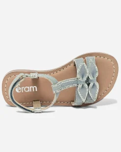 Sandale bleu et argent en cuir velours avec nœuds