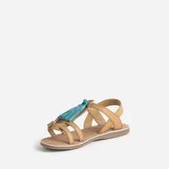 Sandale BUGGY camel en cuir avec pompons