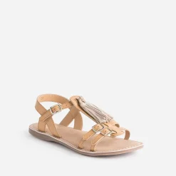 Sandale BUGGY camel en cuir avec pompons