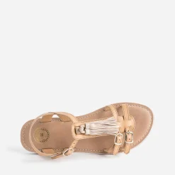 Sandale BUGGY camel en cuir avec pompons