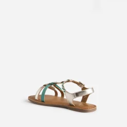 Sandale BUGGY cuir turquoise et dorée plumes