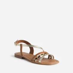 Sandale cognac, doré, motif léopard cuir
