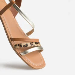 Sandale cognac, doré, motif léopard cuir
