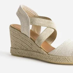 Sandale compensée beige dorée textile en cuir éco-conçu