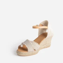 Sandale compensée beige pailleté doré en toile