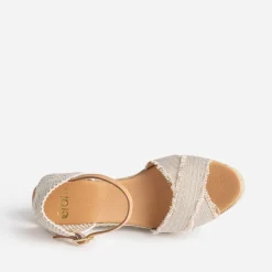 Sandale compensée beige pailleté doré en toile