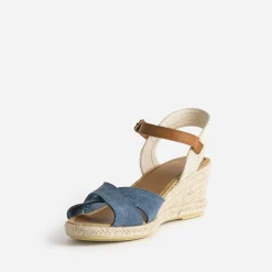 Sandale compensée bleu cuir velours éco-conçu