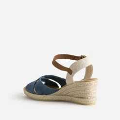 Sandale compensée bleu cuir velours éco-conçu
