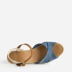Sandale compensée bleu cuir velours éco-conçu
