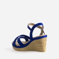 Sandale compensée bleu roi cuir velours