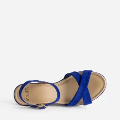 Sandale compensée bleu roi cuir velours