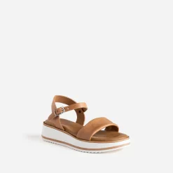 Sandale compensée BUGGY marron clair en cuir