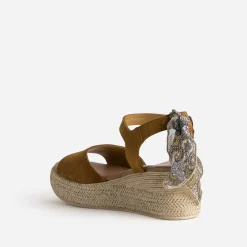 Sandale compensée camel cuir velours éco-conçu