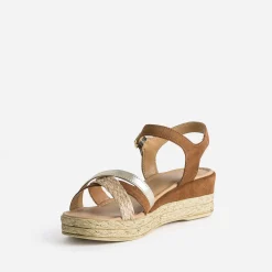 Sandale compensée camel en cuir velours