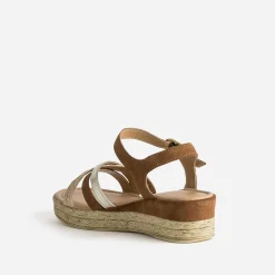 Sandale compensée camel en cuir velours