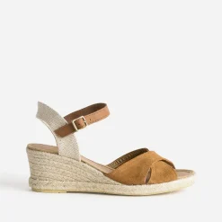 Sandale compensée camel en cuir velours éco-conçu