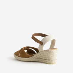 Sandale compensée camel en cuir velours éco-conçu