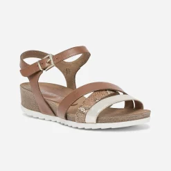 Sandale compensée CAPRICE cognac et doré en cuir