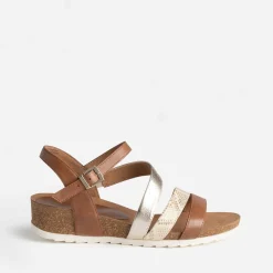 Sandale compensée CAPRICE camel et doré en cuir