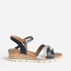 Sandale compensée CAPRICE marine et argenté en cuir