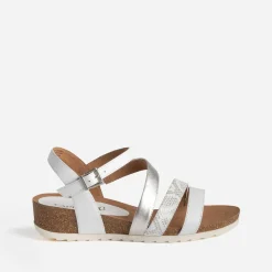 Sandale compensée CAPRICE blanche et argentée en cuir