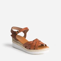 Sandale compensée cognac éco-conçue en cuir