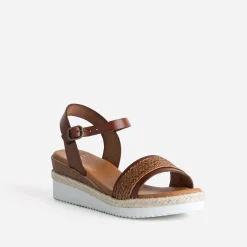 Sandale compensée cognac cuir et tressage