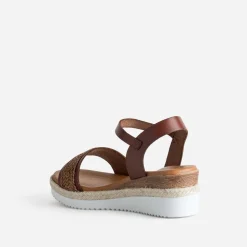 Sandale compensée cognac cuir et tressage