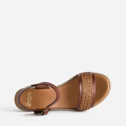 Sandale compensée cognac cuir et tressage