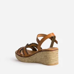 Sandale compensée cognac cuir tressé marron
